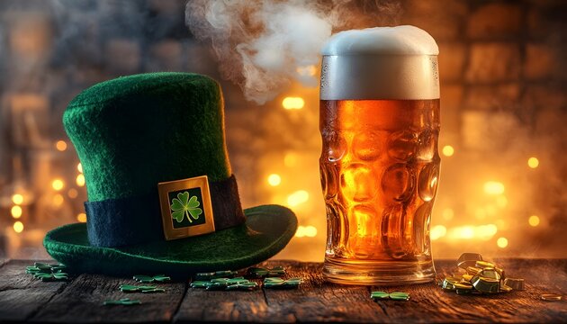 St. Patrick's beer, leprechaun hat.