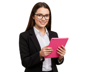 Portrait of a Smiling Young Businesswoman Wearing a Black Blazer and Holding a Tablet with Both Hands – Isolated on White Background, Suitable for Marketing or Business Use (PNG File)
