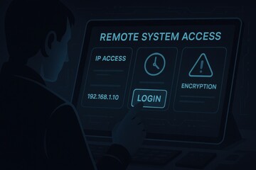 Person Interacting with Remote System Access Panel Featuring Login Button, IP Access and Encryption Warning
