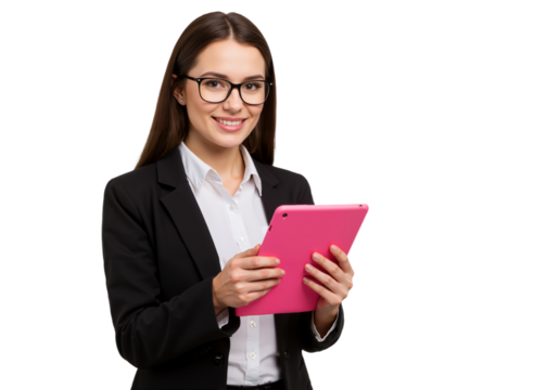 Portrait of a Smiling Young Businesswoman Wearing a Black Blazer and Holding a Tablet with Both Hands – Isolated on White Background, Suitable for Marketing or Business Use (PNG File)