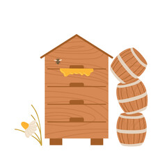 Bee hive with honey and barrels beside blooming flowers in a natural setting
