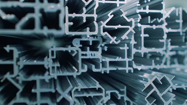 Close Up of Silver Aluminum Metal Profiles Stacked in a Metal Processing Warehouse with Intricate Shapes and Designs