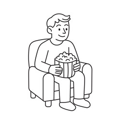 Black and white line art of a man sitting with popcorn, watching a movie. Ideal for coloring pages, entertainment illustrations, or educational activity sheets for children and students.