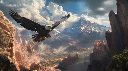 Majestic Bald Eagle Soaring Over Mountain Landscape