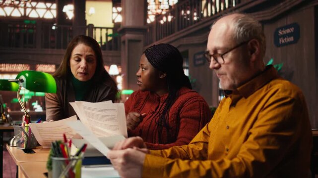 Cast members practicing script reading for a classic drama play in a library, showing dedication to acting and passion for character development. Theatrical arts role play. Camera A.