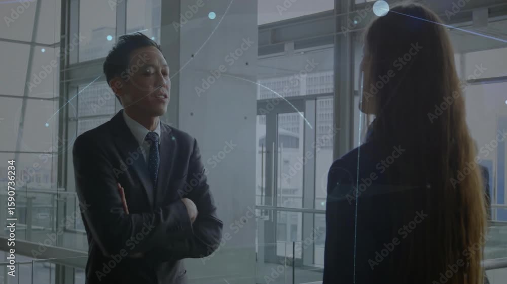 Poster businessman stepping forward and speaking with hologram overlay mapping links as colleagues join