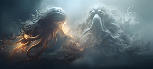 a light Medusa vs kraken , coming out of the smoke,ai generative