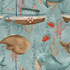A colorful underwater scene with cute whales, charming boats, and delightful sea creatures © Elena