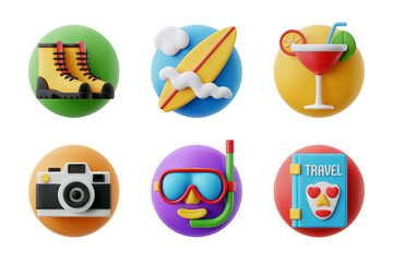 Colorful 3D Bundle Travel and Vacation Icons with Surfing, Snorkeling, and Adventure Themes