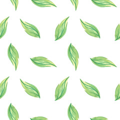 Seamless green leaf pattern background. Foliage, leaves endless backdrop. Hand drawn floral watercolor repeating illustration for textile, wrapping, wallpaper, fabric, paper, cover, decor, fashion