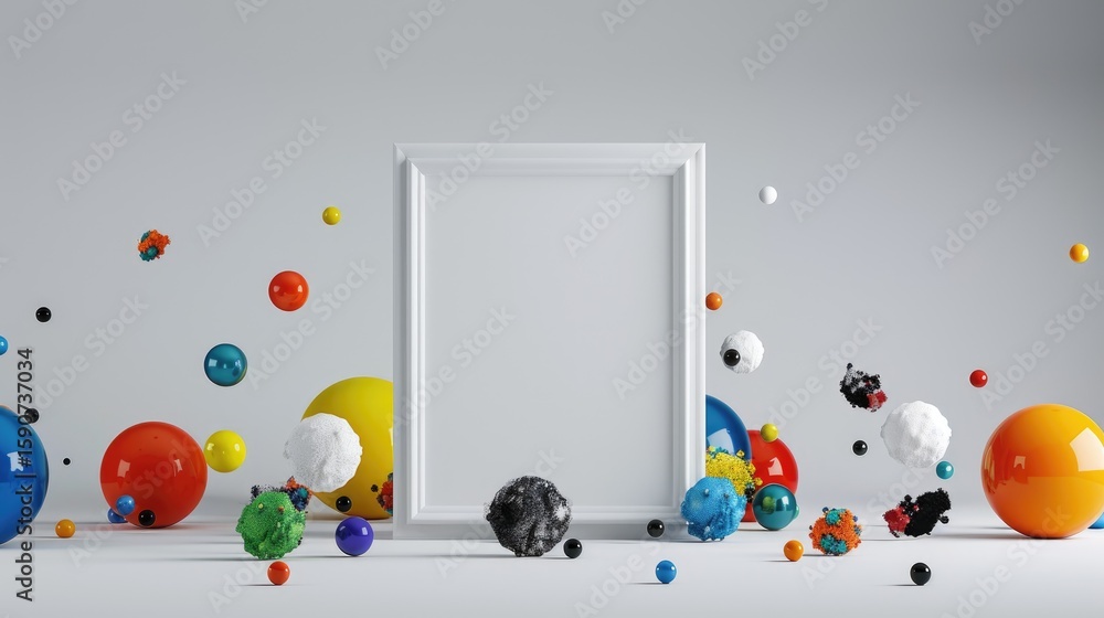 Poster minimalist design with geometric spheres surrounding a crisp rectangular white frame in center