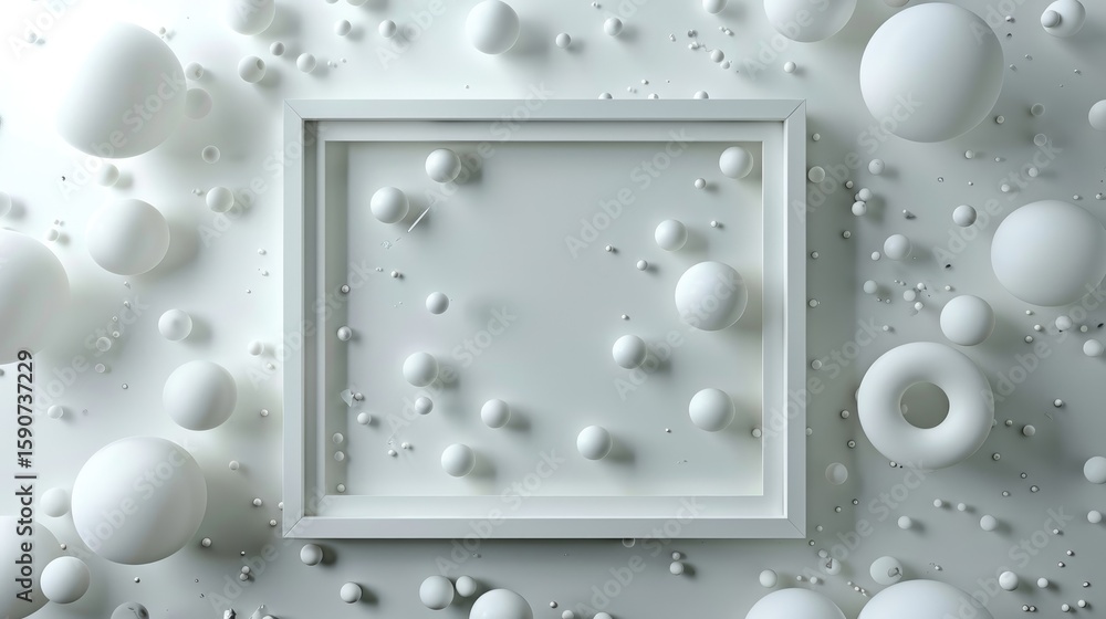 Poster minimalist design with geometric spheres surrounding a crisp rectangular white frame in center
