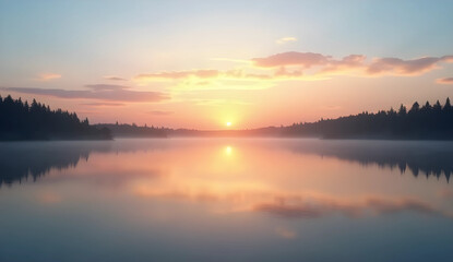 A serene sunset over a still lake, mirror reflection of sky and clouds