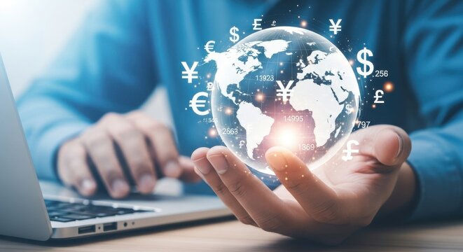 Global Finance and Investment Concept Man Holding a Globe with Currency Symbols and Laptop
