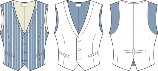 Men’s waistcoat fashion set, striped and solid vest variations, cad drawing flat vector illustration, garment template, tailored clothing design