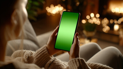 Woman Holding a Green Screen Phone in a Cozy Room