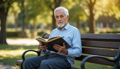 Obraz premium An elderly man with a white beard reads a book while sitting on a park bench.