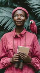 Fototapeta premium Authentic National Zookeeper Week Celebration with Wildlife Biologist in Tropical Forest Featuring Exotic Bird, Summer Eco-Friendly Lifestyle for Marketing