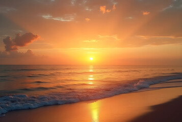 Scenic Coastal Sunset with Golden Sky and Calm Sea