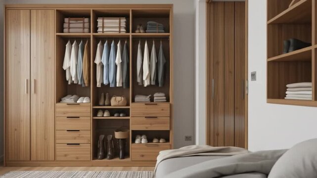 Wooden wardrobe with tiered design, compact home interior storage. Wardrobe with clothes, drawers, shoes, shelves. 4k video