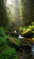 Obraz premium Morning Jungle Water – Stream Flowing Through Mossy Rocks, Ferns, and Leaves in a Tranquil Tropical Forest Landscape