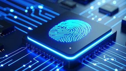 A neon blue fingerprint glows on a chip surrounded by circuit lines, representing digital security and identity - Powered by Adobe