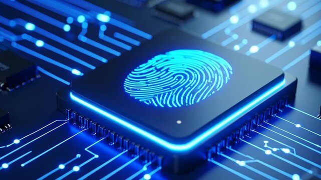 A neon blue fingerprint glows on a chip surrounded by circuit lines, representing digital security and identity - Powered by Adobe