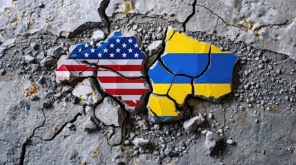 American and Ukrainian flags over fractured stone, symbolizing alliance through adversity