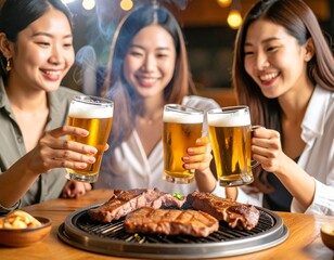 ステーキと乾杯で盛上がる屋外バーベキュー