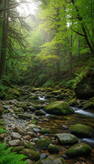 Fototapeta premium Dreamy River in the Heart of a Tropical Rainforest – Mossy Rocks and Sparkling Water Surrounded by Nature's Beauty
