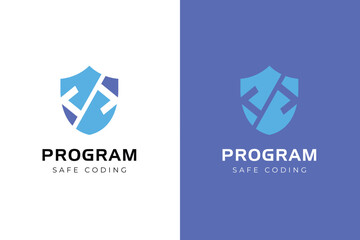 Cyber defensive program development logo icons with shield and code symbol for safe website and software, cyber security logos