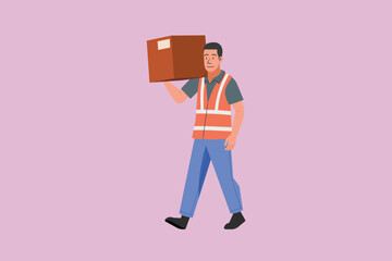 Male warehouse packing worker carrying cardboard box on shoulder, wearing reflective safety vest, concept of logistics, labor, delivery staff, and industrial work, flat vector illustration