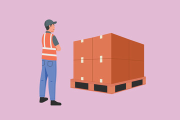 Warehouse worker checking stacked boxes on pallet, male packing staff wearing safety vest inspecting cardboard packages of logistics and inventory management, flat vector illustration