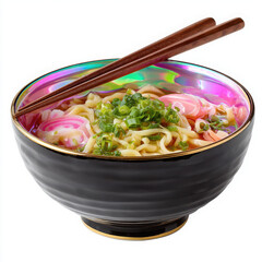 Ramen noodle soup with green onion and fish cake in black bowl