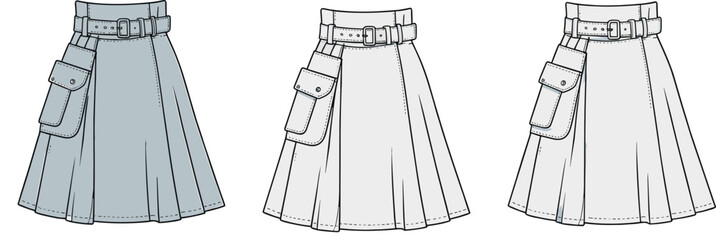 Pleated skirt fashion illustration, trendy women's wear vector, belt and pocket detail, CAD apparel design template, stylish clothing