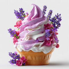 Soft serve ice cream with purple and white swirls decorated with