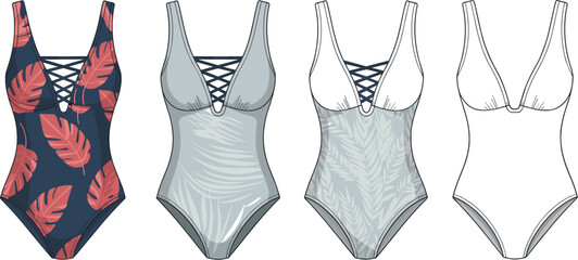Trendy one-piece swimsuit fashion design flat vector, summer beachwear technical sketch, stylish swimwear cad drawing for apparel template