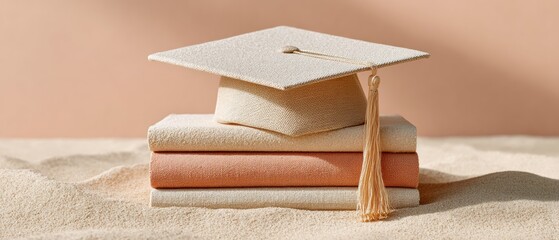 Premium Modern Education Concept with Graduation Cap on Books and Neutral Background for Academic Success Marketing and Social Media Campaigns