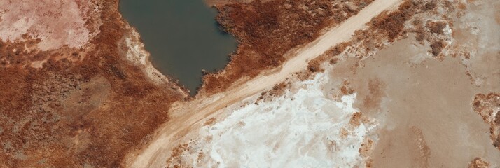 Premium Aerial View of Drought Affected Farmland Showing Soil Damage and Contaminated Pond for Environmental Protection Campaigns and Agricultural Marketing