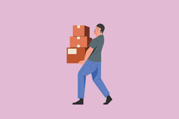 Warehouse staff carrying cardboard boxes by hand while walking, manual labor worker lifting stacked packages for logistics, shipping and delivery, flat vector illustration