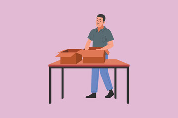 Warehouse employee preparing cardboard boxes on a work table, packing staff organizing packages for shipment, logistics or inventory tasks, flat vector illustration