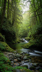 Fototapeta premium Tranquil River Landscape with Pure Water and Rock Formations – Surrounded by Wild Tropical Vegetation and Illuminated by Soft Morning Light