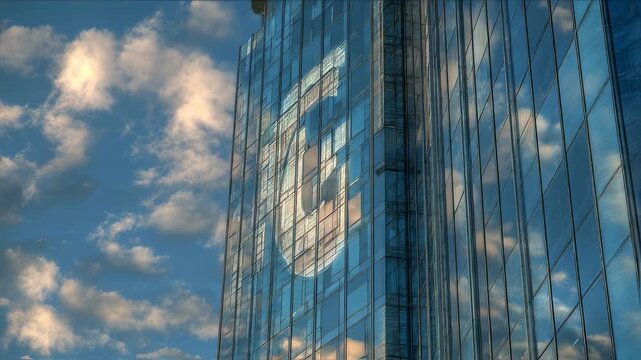 The G7 Summit emblem is captured in a distorted reflection on the polished facade of a contemporary highrise surrounded by a blend of clouds and sunlight. The image evokes a sense of