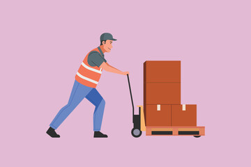 Warehouse worker pushing a hand pallet truck loaded with cardboard boxes, logistics staff wearing safety vest and cap handling cargo for shipment or storage, flat vector illustration