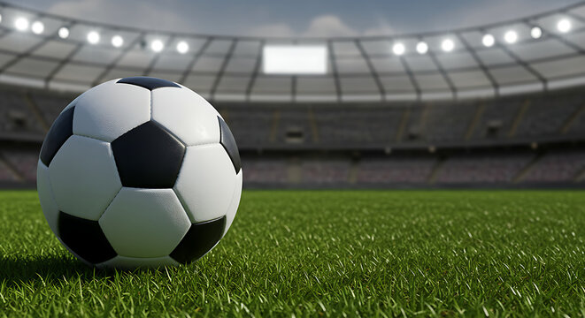 Bola de futebol em campo de grama com est&aacute;dio ao fundo