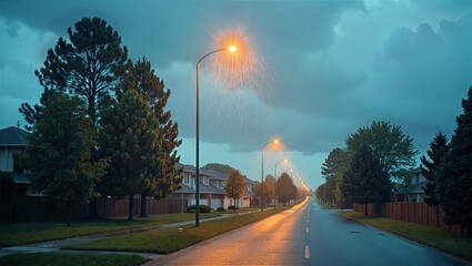 Rainy Suburban Street at Dusk Under Warm Streetlights