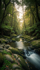 Obraz premium Calm Rainforest River with Transparent Water Flowing Through a Tropical Jungle – Peaceful Scene for Meditation and Nature Themes