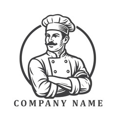 Vintage monochrome logo of a confident male chef in traditional attire, featuring bold outlines, crossed arms, and a classic toque within a circular frame.