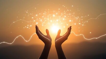 Two open hands reaching up holding glowing network of lights at sunset image