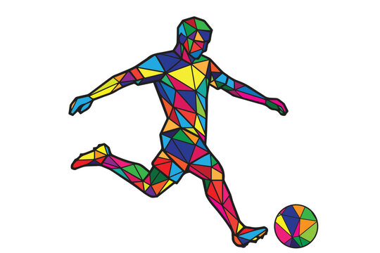 A vibrant polygon style vector of a man kicking a ball during a football match emphasizes energy through colorful geometric design and sharp angles.